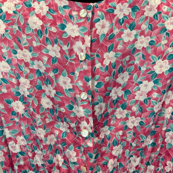 Vintage 80s Maggy Boutique Floral Pleated Skirt Ruched Waist Satin Midi Dress - Picture 9 of 11